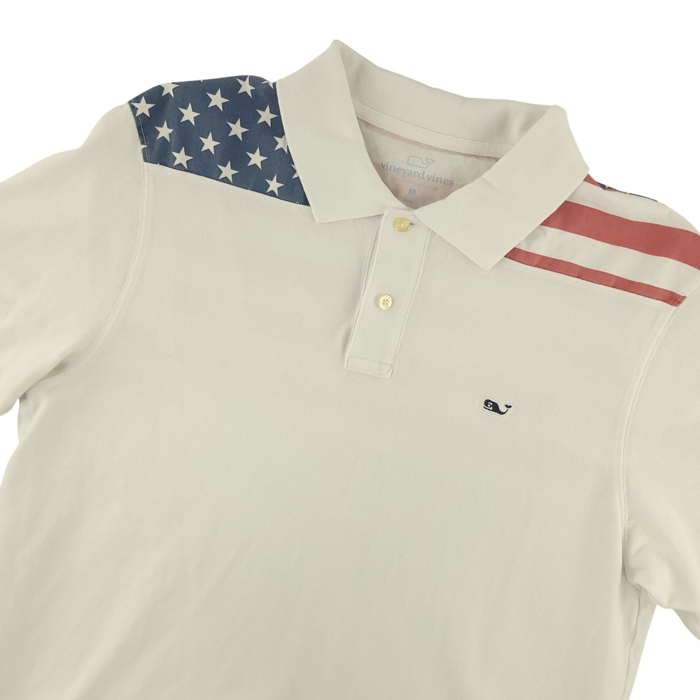 Vineyard Vines Polo Shirt Mens M White USA Flag Whale Logo Cotton Patriotic Top